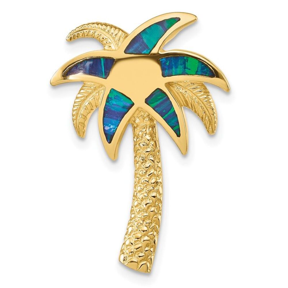 14k Yellow Gold Lab Created Opal Palm Tree Slide - image 1